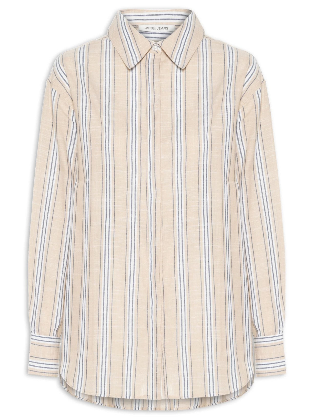 Camisa Feminina Cotton Listrada Alongada - Bege