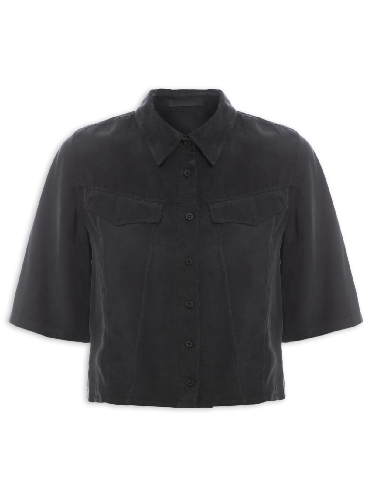 Camisa Feminina Cropped Com 2 Bolsos Cupro - Preto