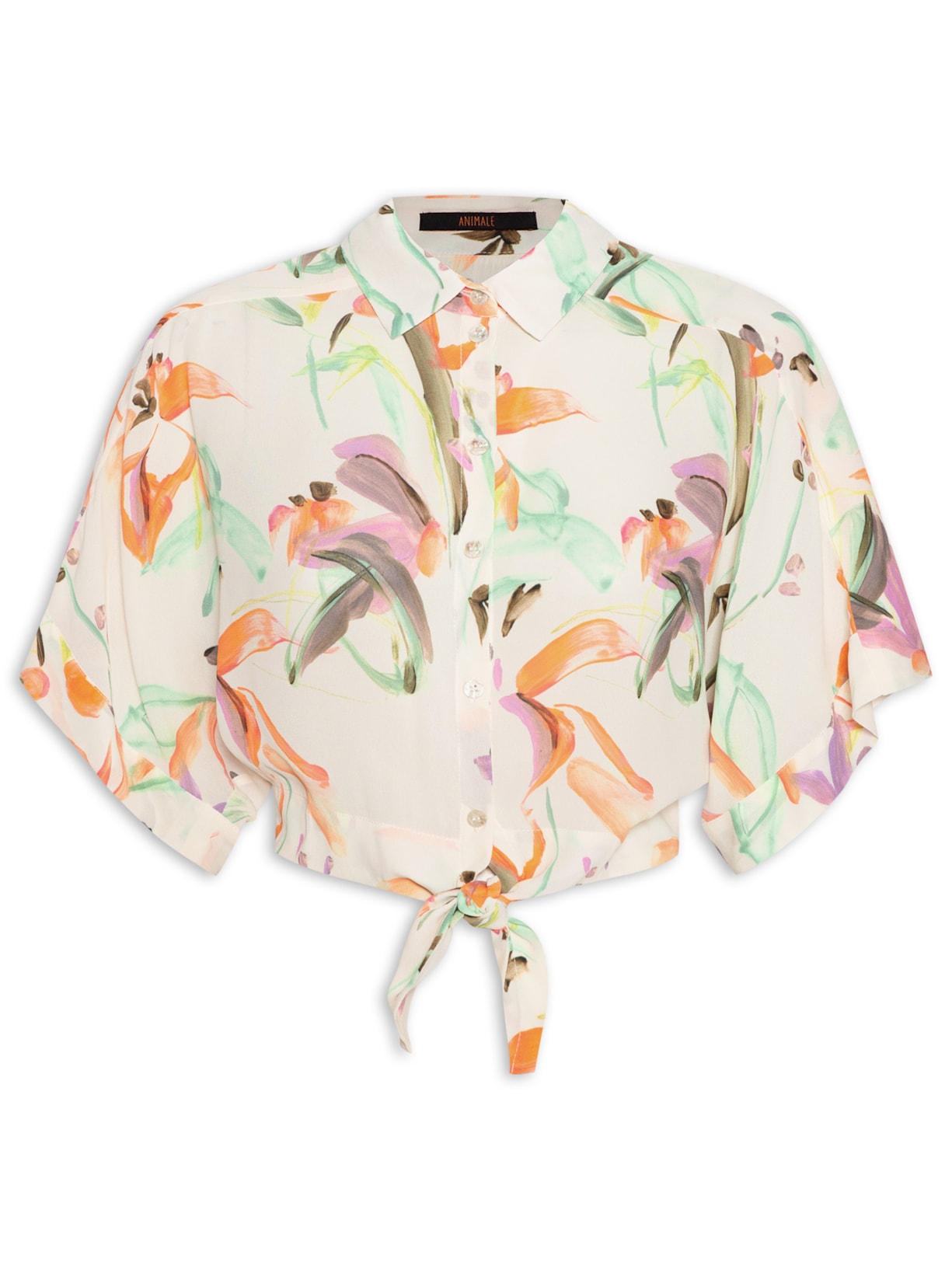 Camisa Feminina Cropped Com Manga Curta Floral - Bege