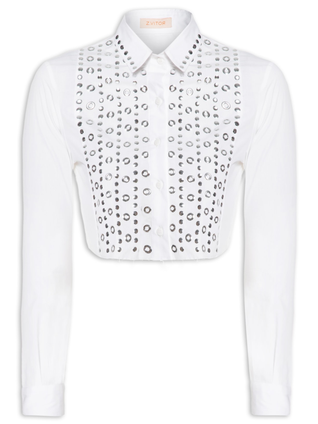 Camisa Feminina Cropped Com Tachas Hotfix Tricoline - Branco