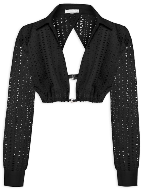 Camisa Feminina Cropped Em Laise - Preto