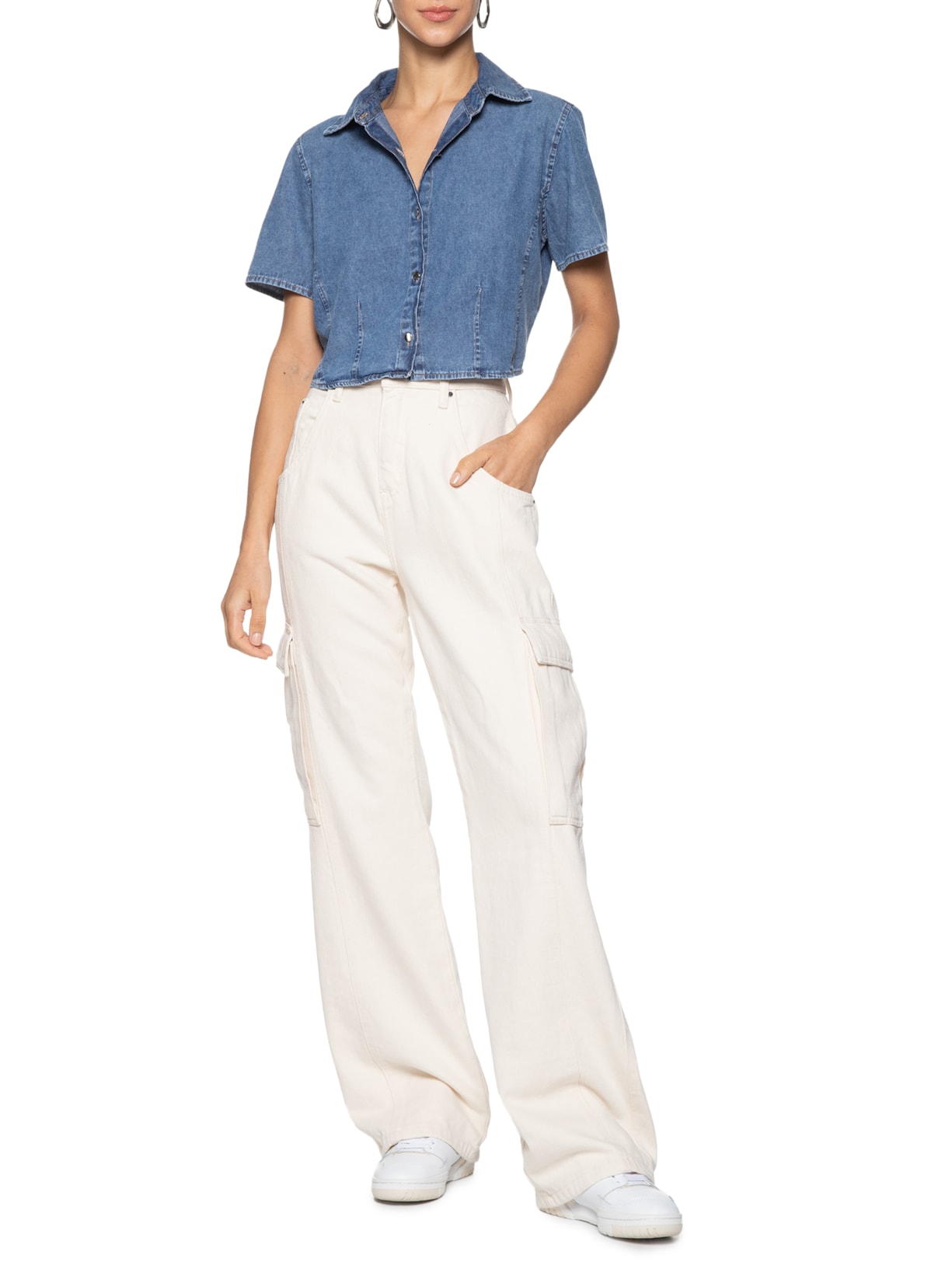 Camisa Feminina Cropped Jeans Azul Basiq