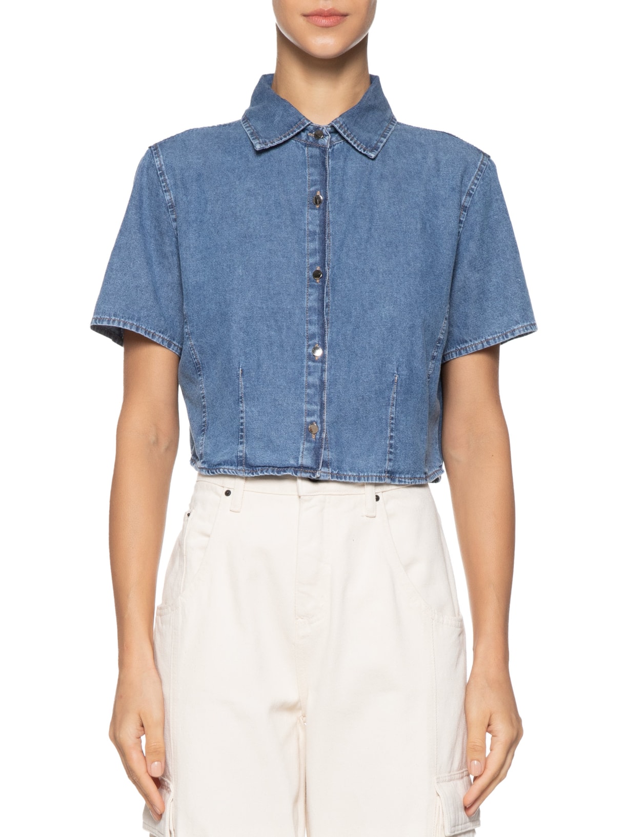 Camisa Feminina Cropped Jeans Azul Basiq