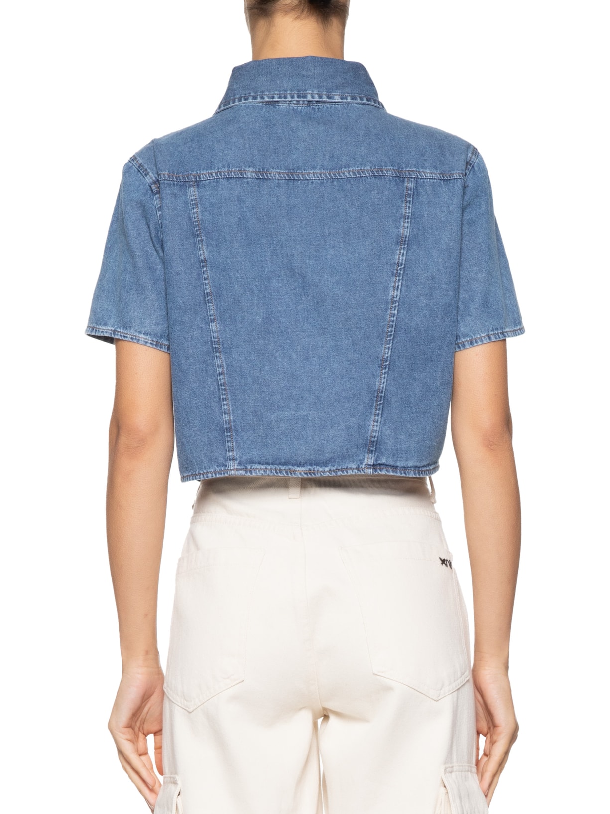 Camisa Feminina Cropped Jeans Azul Basiq
