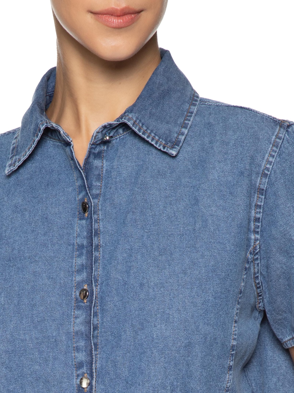 Camisa Feminina Cropped Jeans Azul Basiq