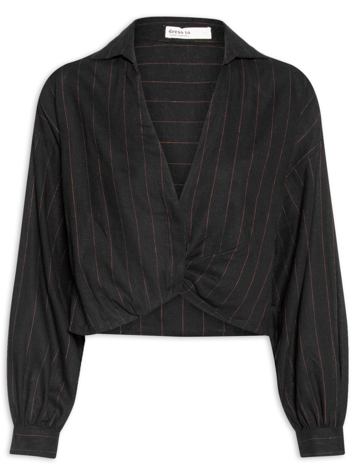 Camisa Feminina Cropped Listras Ombro Deslocado - Preto