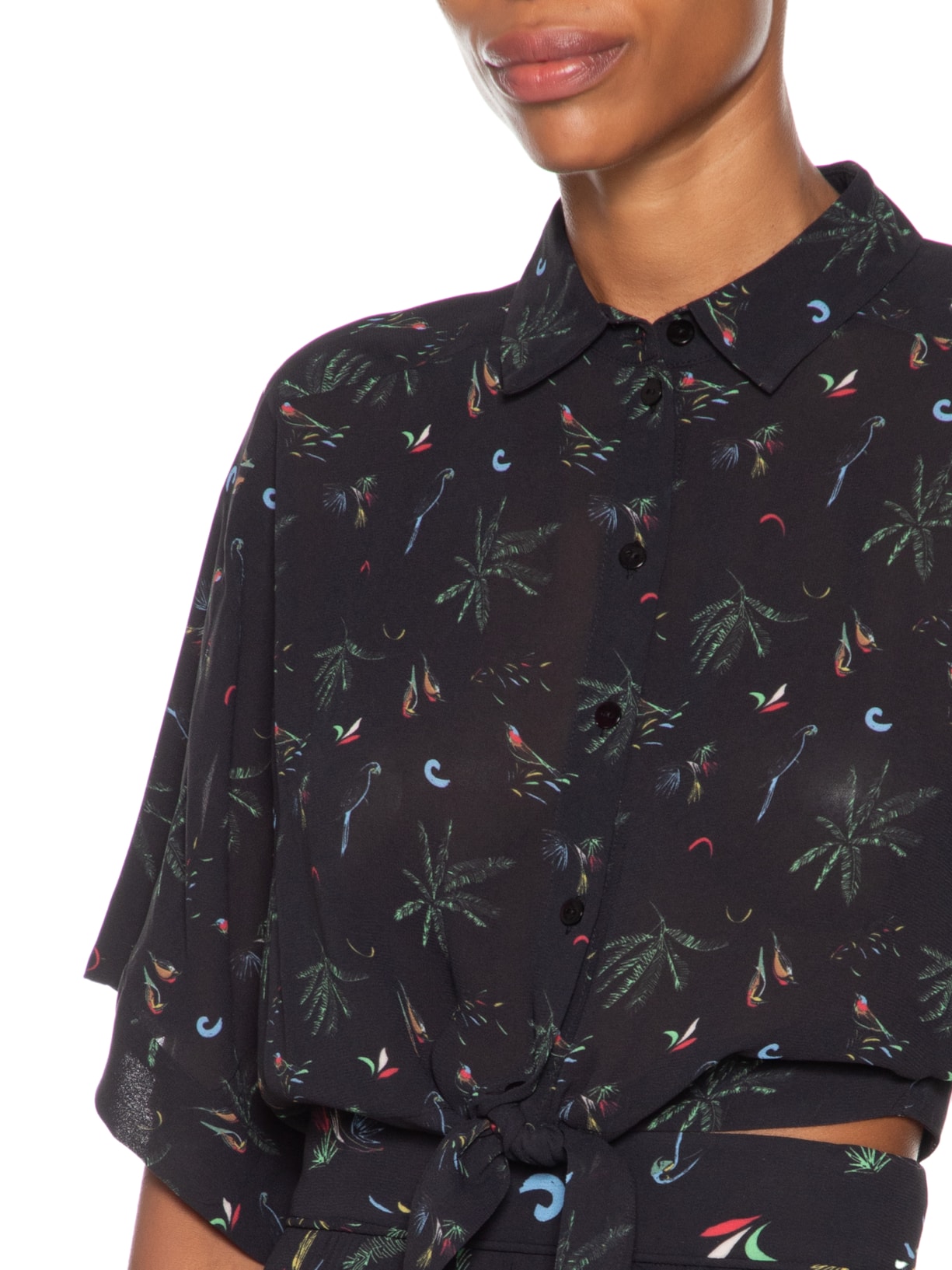 Camisa Feminina Cropped Manga Curta Fig Mata Atlâ Preto Animale