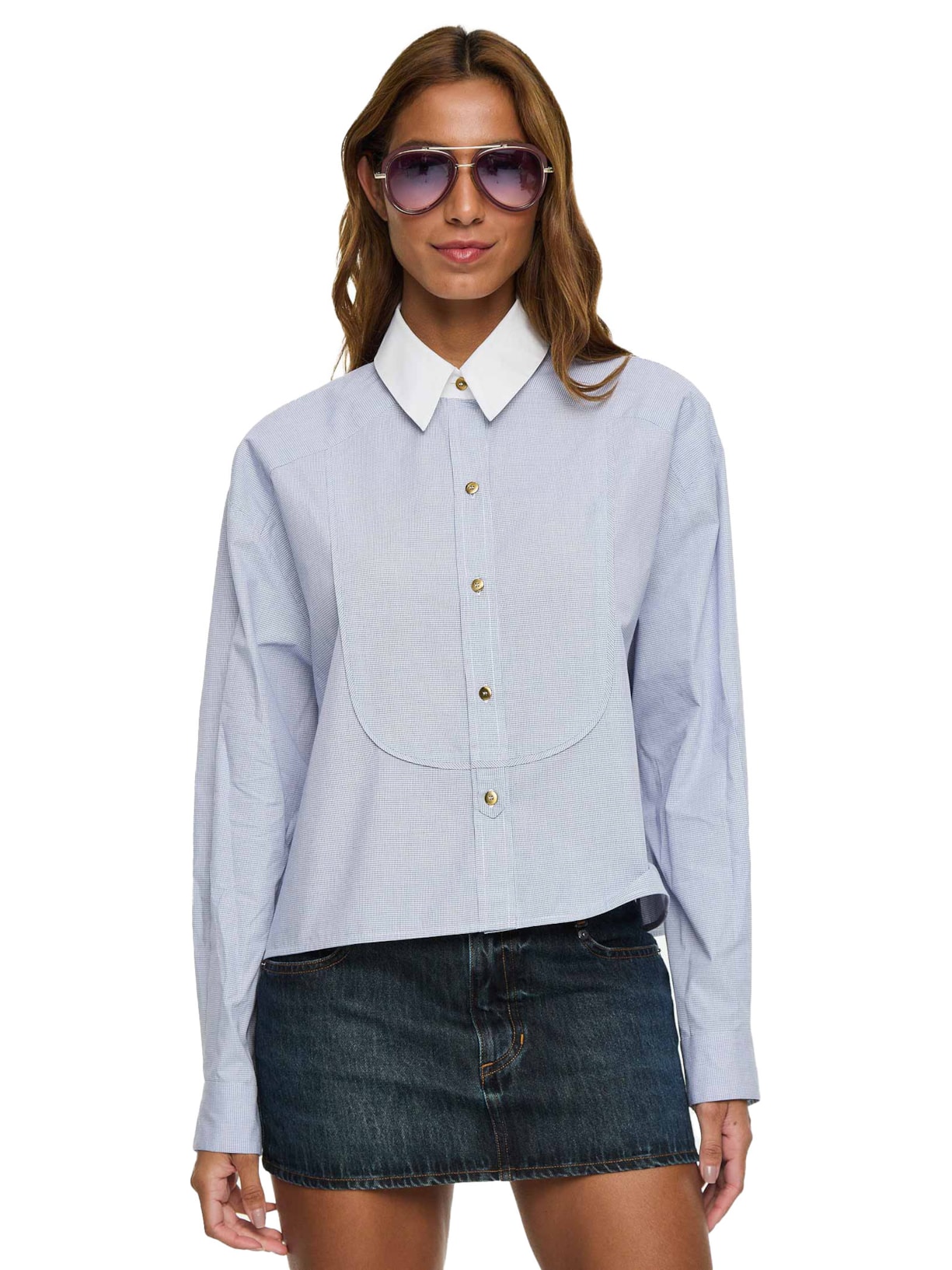 Camisa Feminina Cropped Mini Vichy Azul Animale