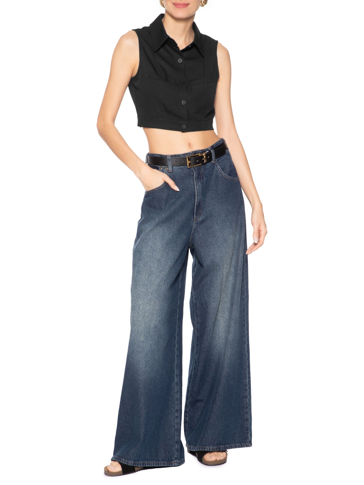 Camisa Feminina Cropped Sem Manga Preto Basiq