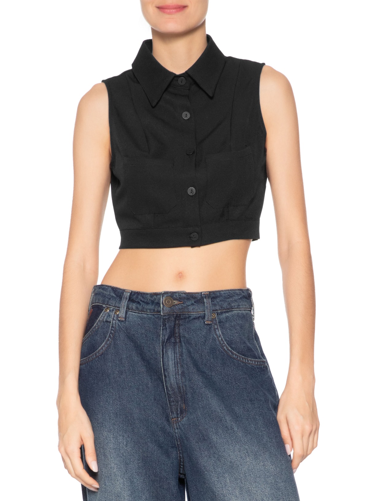 Camisa Feminina Cropped Sem Manga Preto Basiq