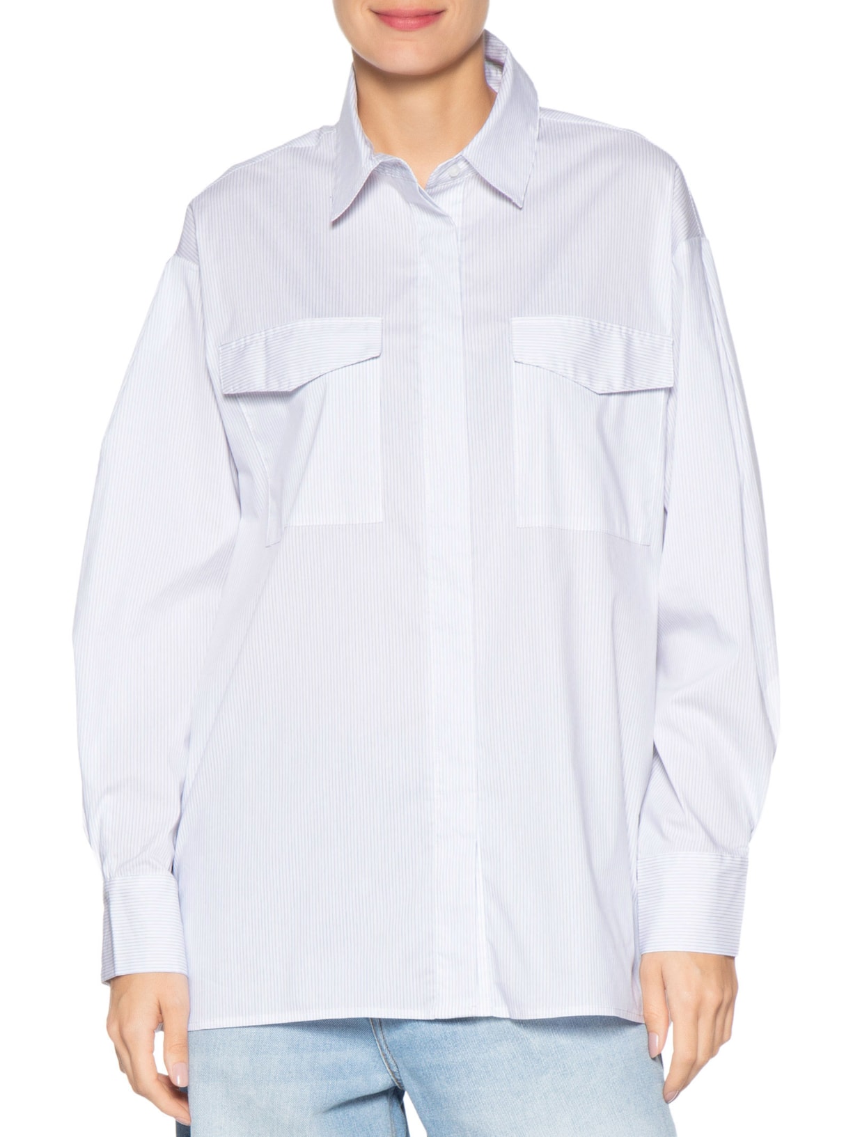 Camisa Feminina De Algodão Listrada Com Bolsos Azul Animale Jeans