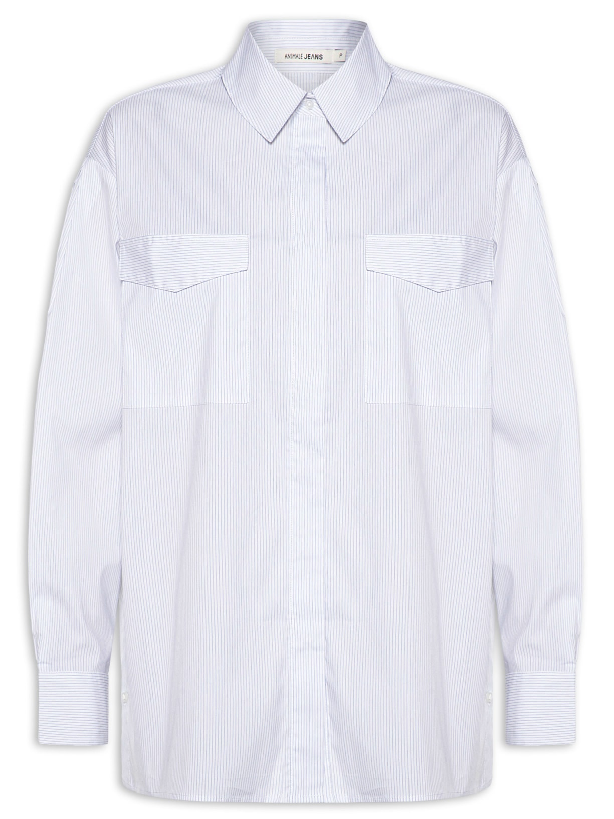 Camisa Feminina De Algodão Listrada Com Bolsos Azul Animale Jeans