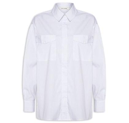 Camisa Feminina De Algodão Listrada Com Bolsos - Azul