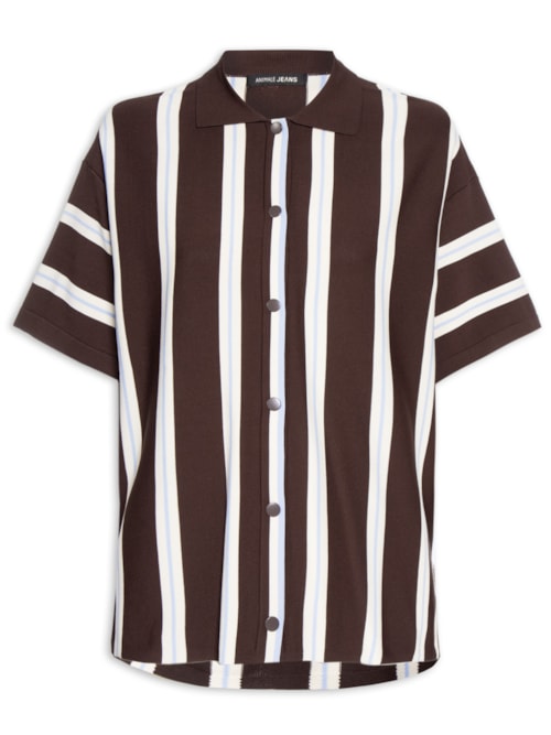 Camisa Feminina De Botão De Tricot Listrada - Marrom