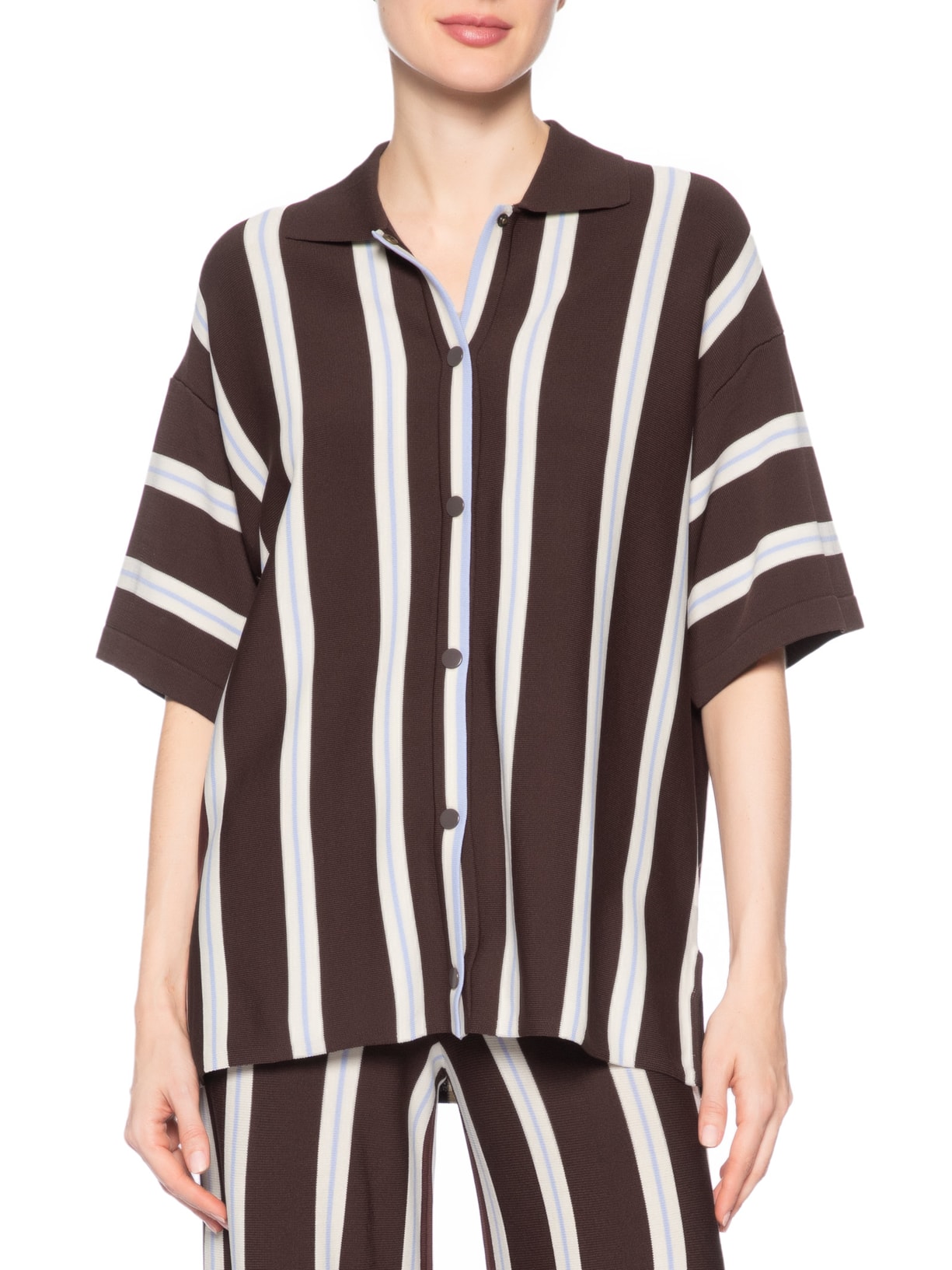 Camisa Feminina De Botão De Tricot Listrada Marrom Animale Jeans