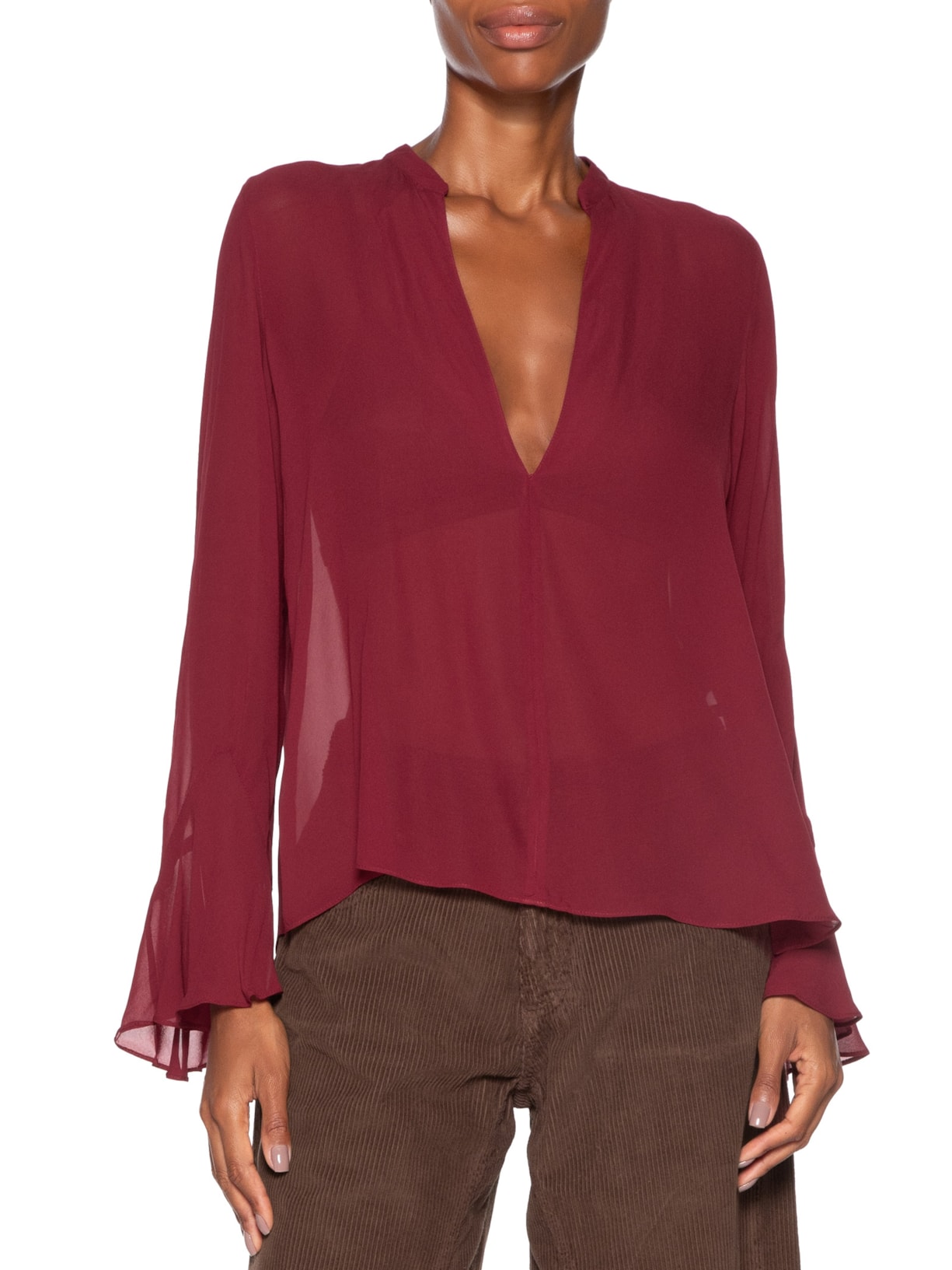 Camisa Feminina De Georgette Manga Longa Nesga Vermelho Animale