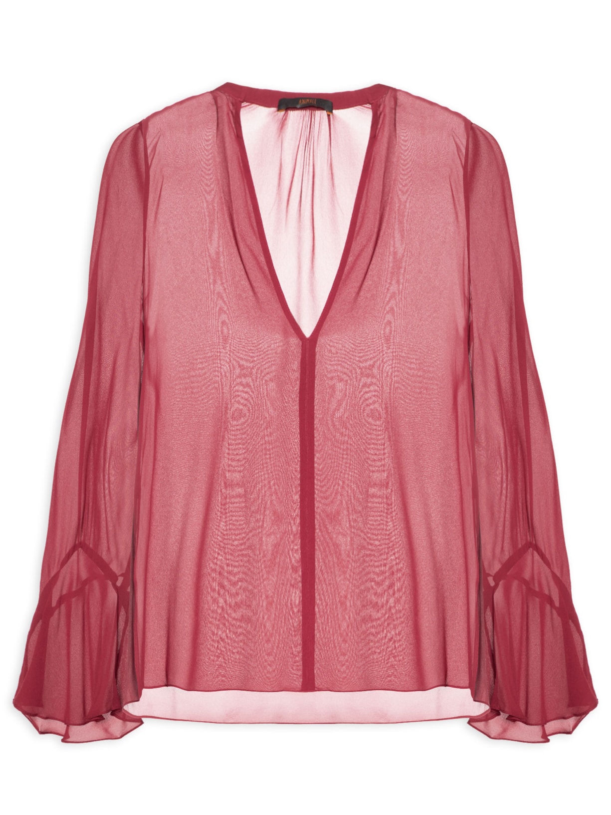 Camisa Feminina De Georgette Manga Longa Nesga Vermelho Animale
