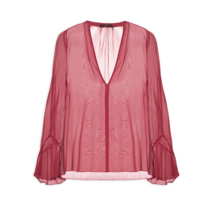 Camisa Feminina De Georgette Manga Longa Nesga - Vermelho