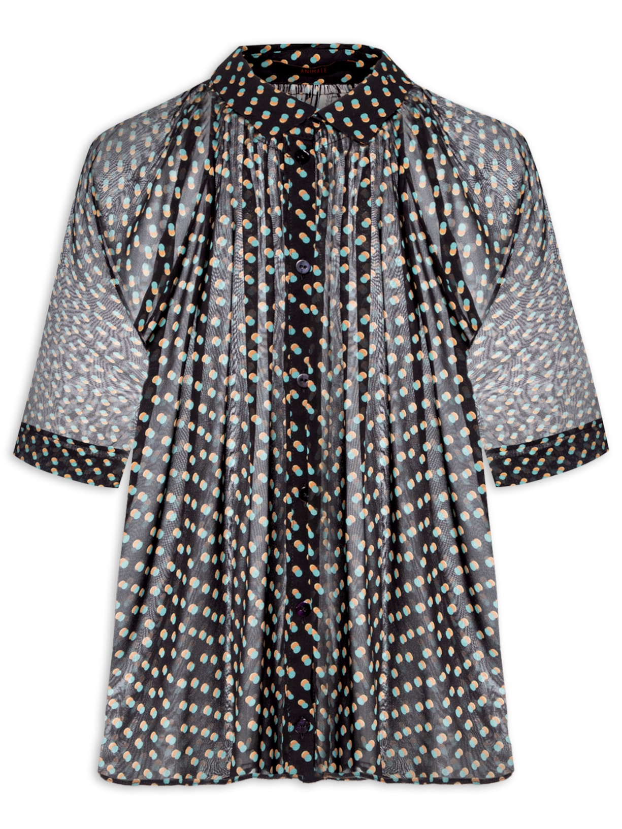 Camisa Feminina De Manga Curta Fluida Pois Tri - Preto