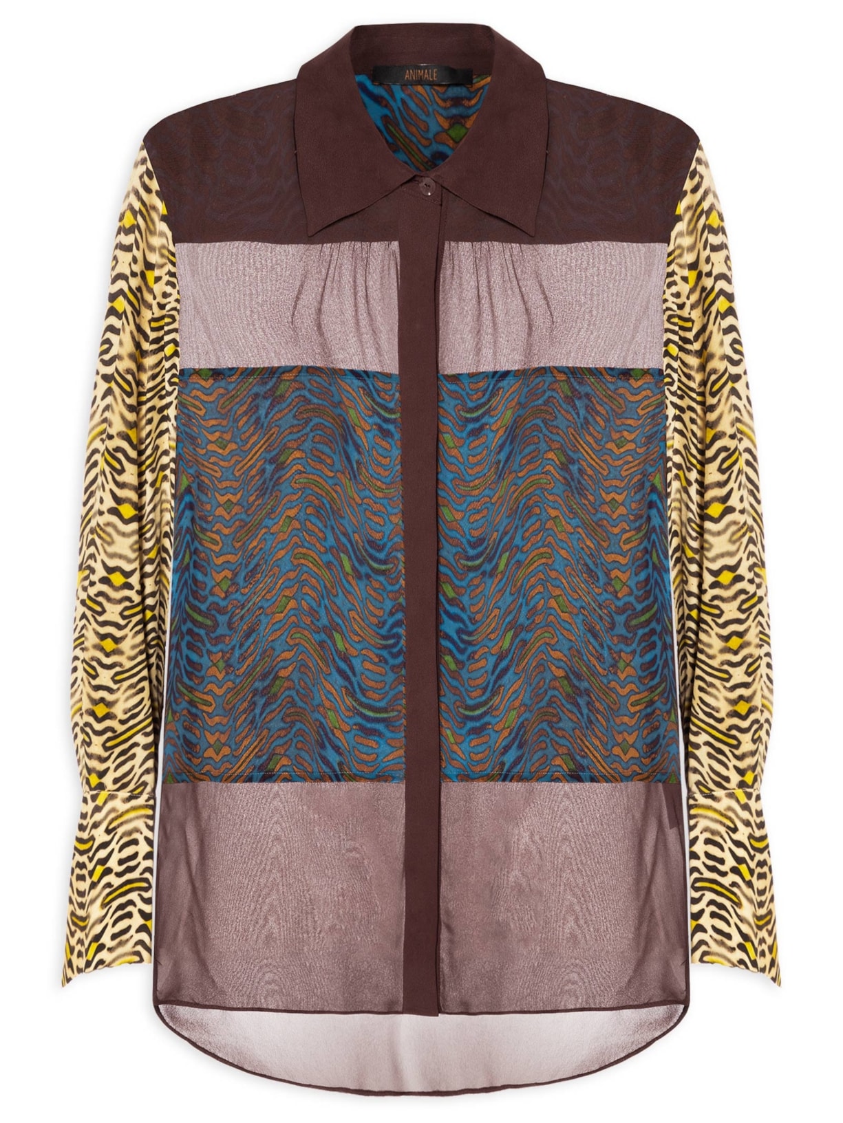Camisa Feminina De Seda e Georgete Estampada Manga Longa Animal Print Animale
