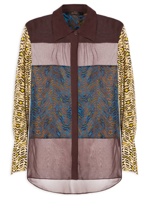 Camisa Feminina De Seda e Georgete Estampada Manga Longa - Animal Print