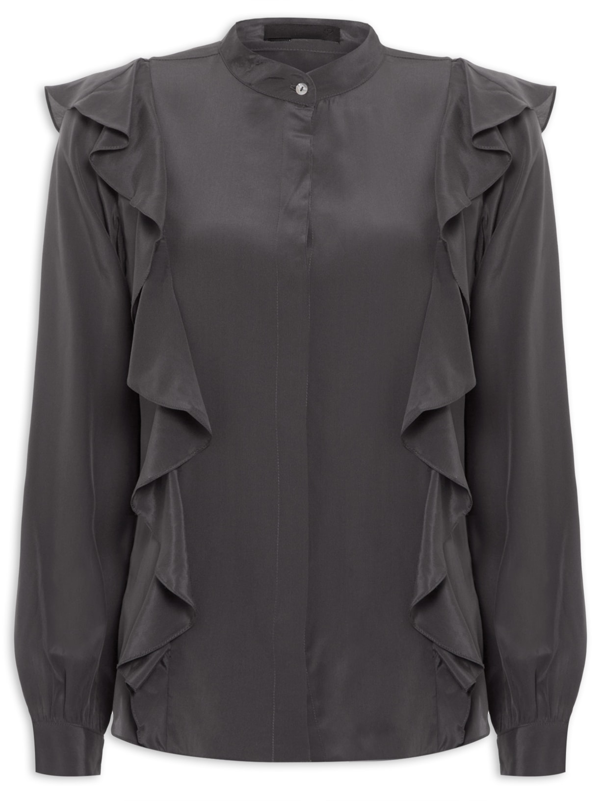 Camisa Feminina De Seda Pura Manga Longa Com Babados - Cinza