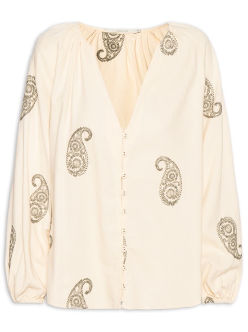 Camisa Feminina Decote V Bordado Alba - Off White