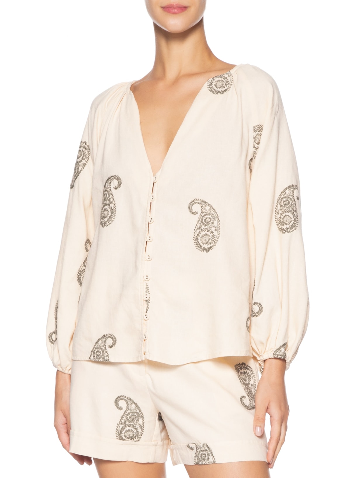 Camisa Feminina Decote V Bordado Alba Off White Maria Filó
