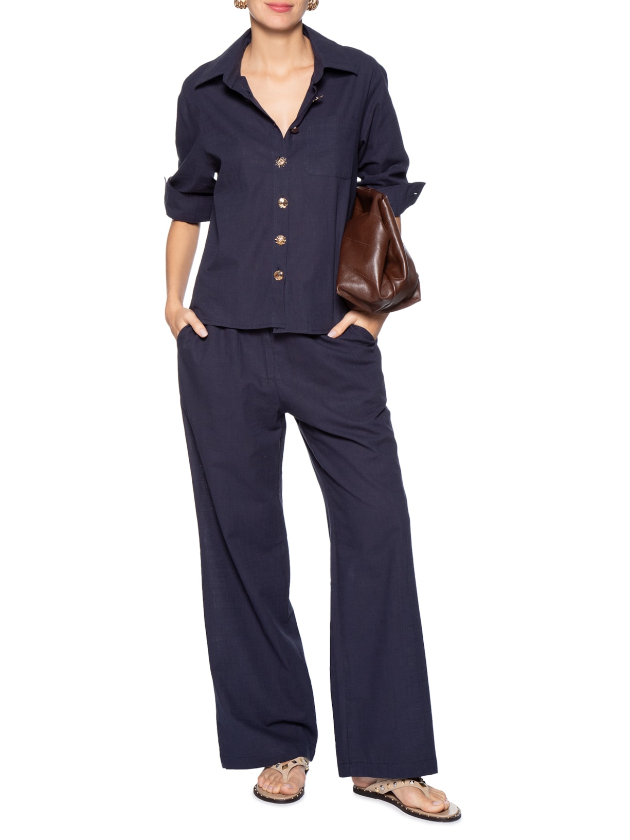 Camisa Feminina Detalhe Botões Azul Basiq