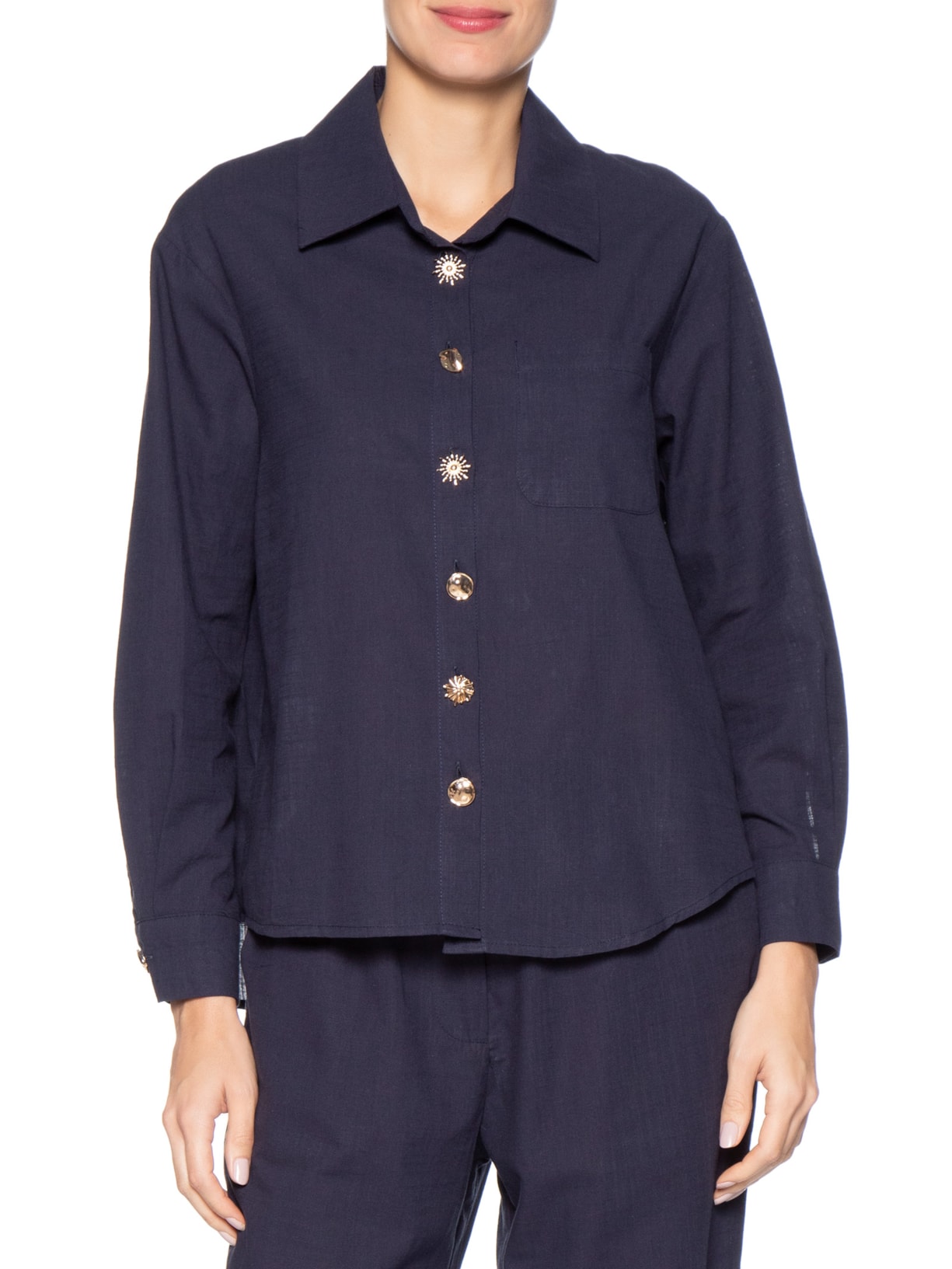 Camisa Feminina Detalhe Botões Azul Basiq