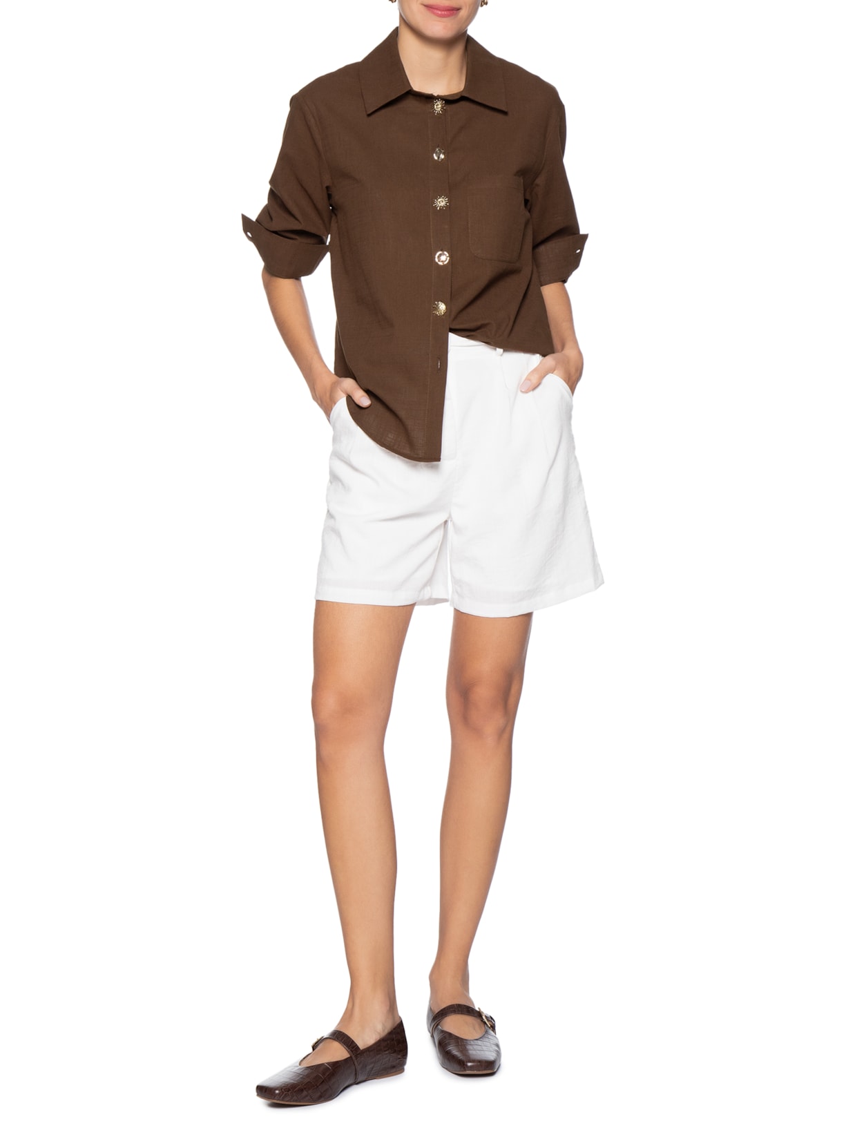 Camisa Feminina Detalhe Botões Marrom Basiq