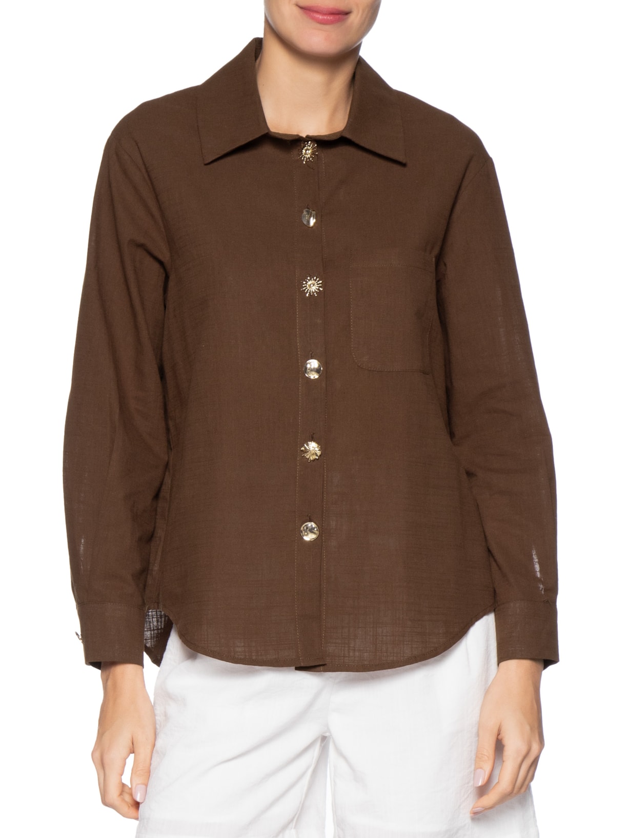 Camisa Feminina Detalhe Botões Marrom Basiq