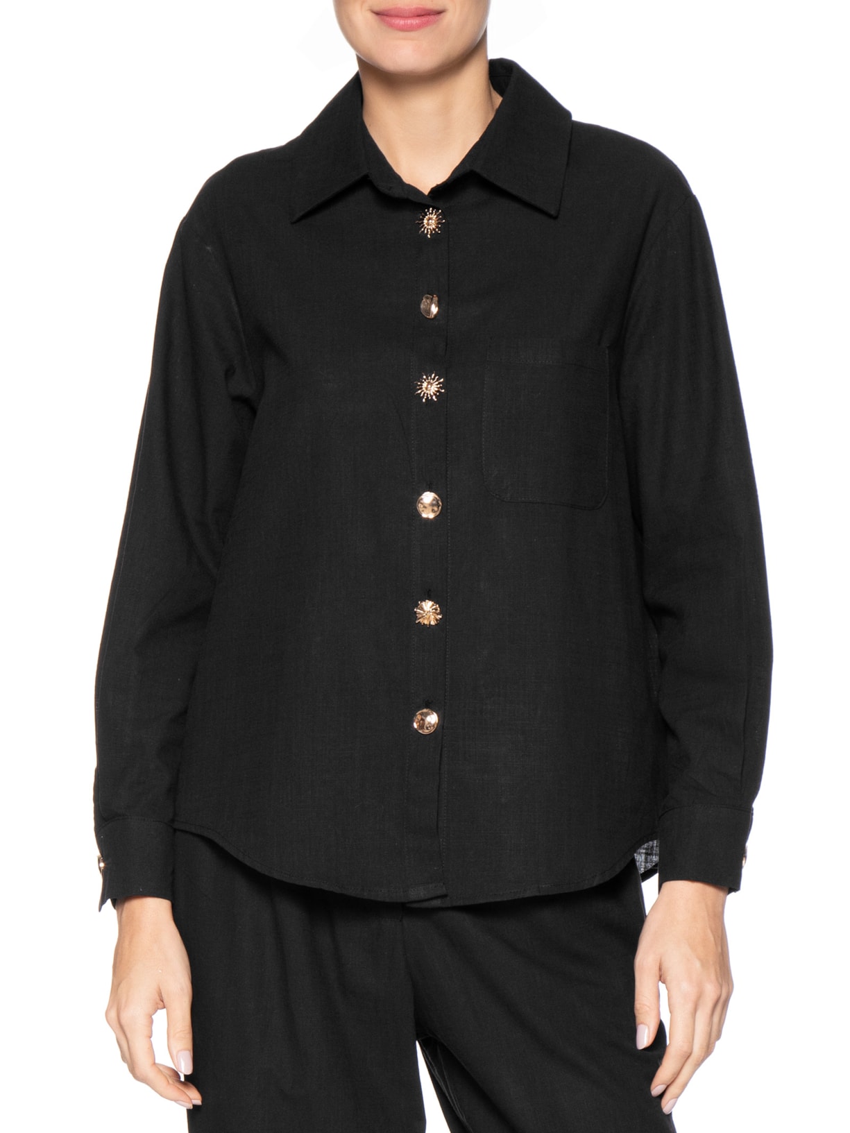 Camisa Feminina Detalhe Botões Preto Basiq