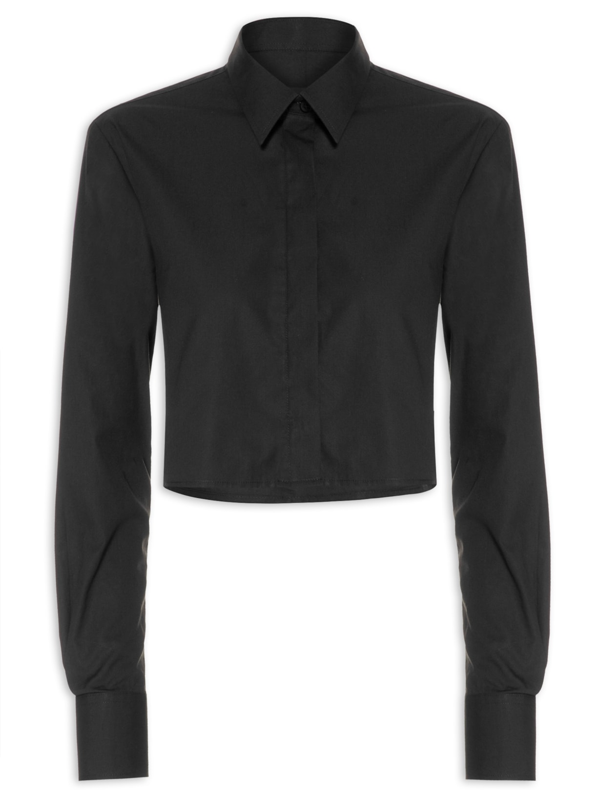Camisa Feminina Em Algodão Cropped Manga Longa - Preto