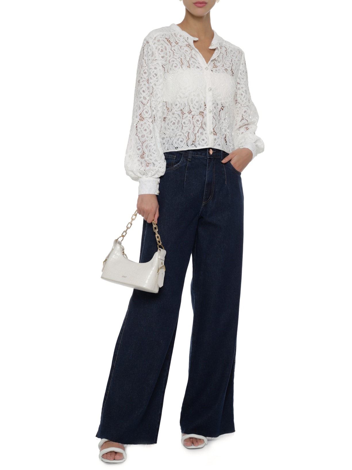 Camisa Feminina Em Renda Dupla Frontura Off White '2Essential