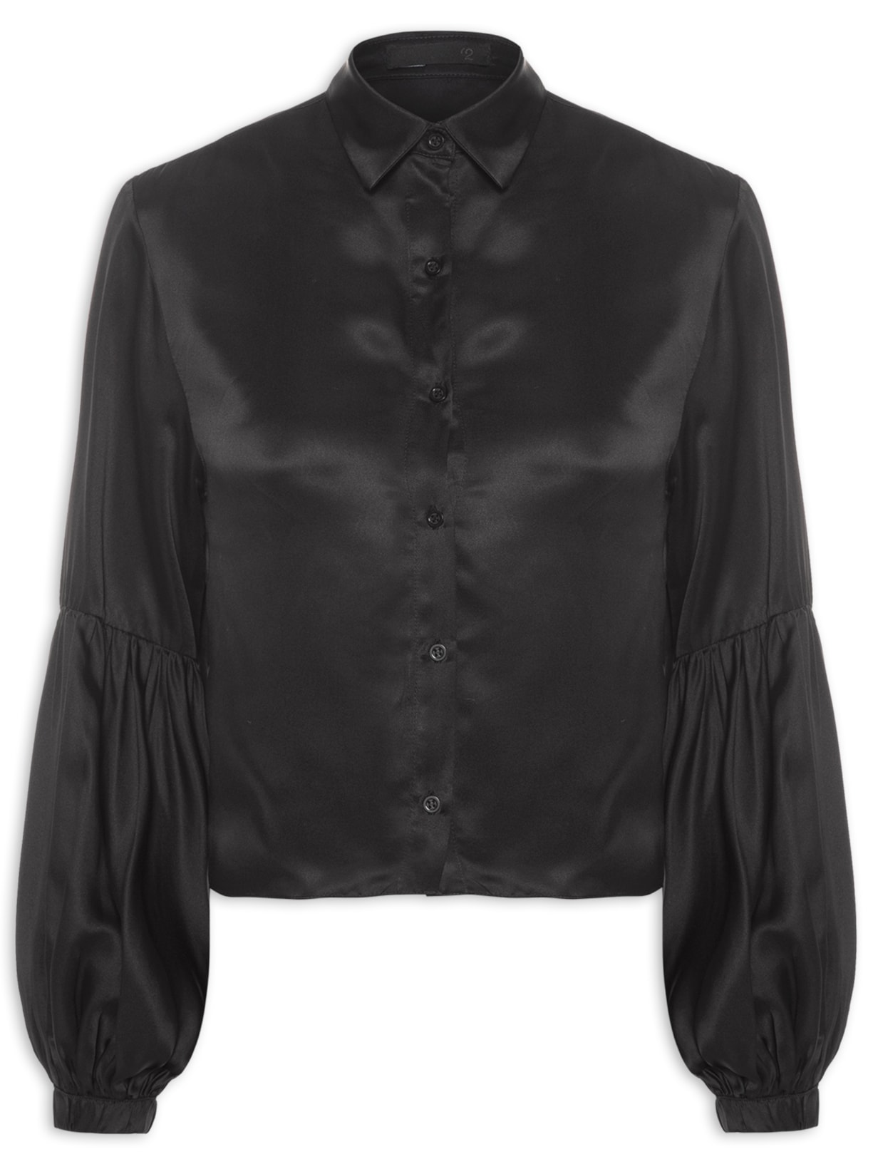 Camisa Feminina Em Seda Pura Manga Fofa - Preto