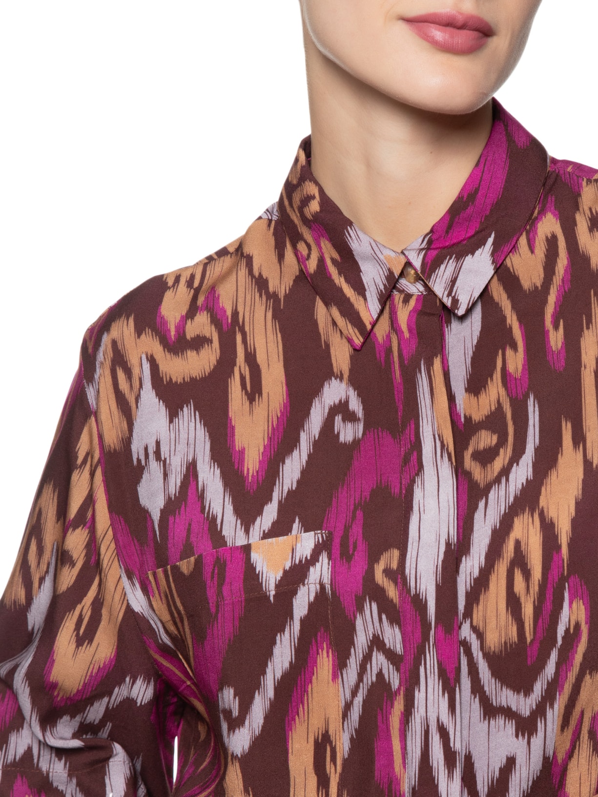 Camisa Feminina Estampa Ikat Rum Marrom Animale Jeans