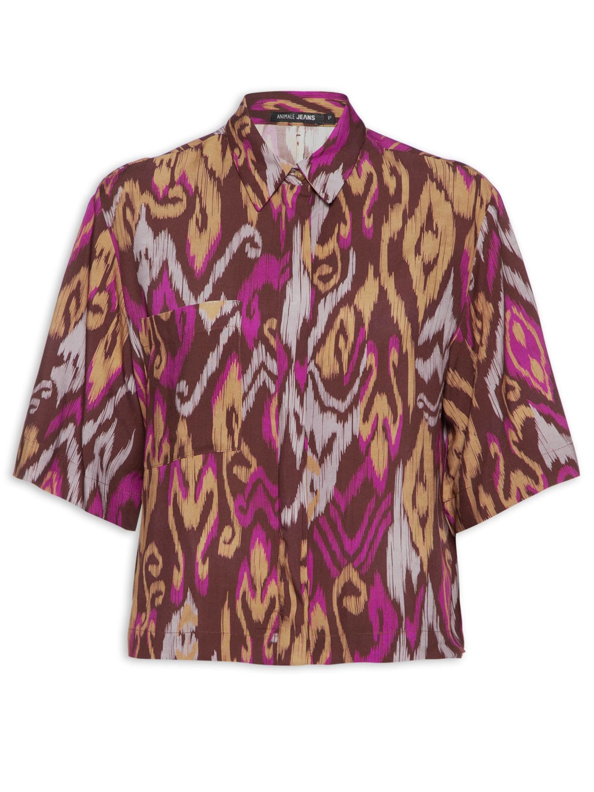 Camisa Feminina Estampa Ikat Rum Marrom Animale Jeans