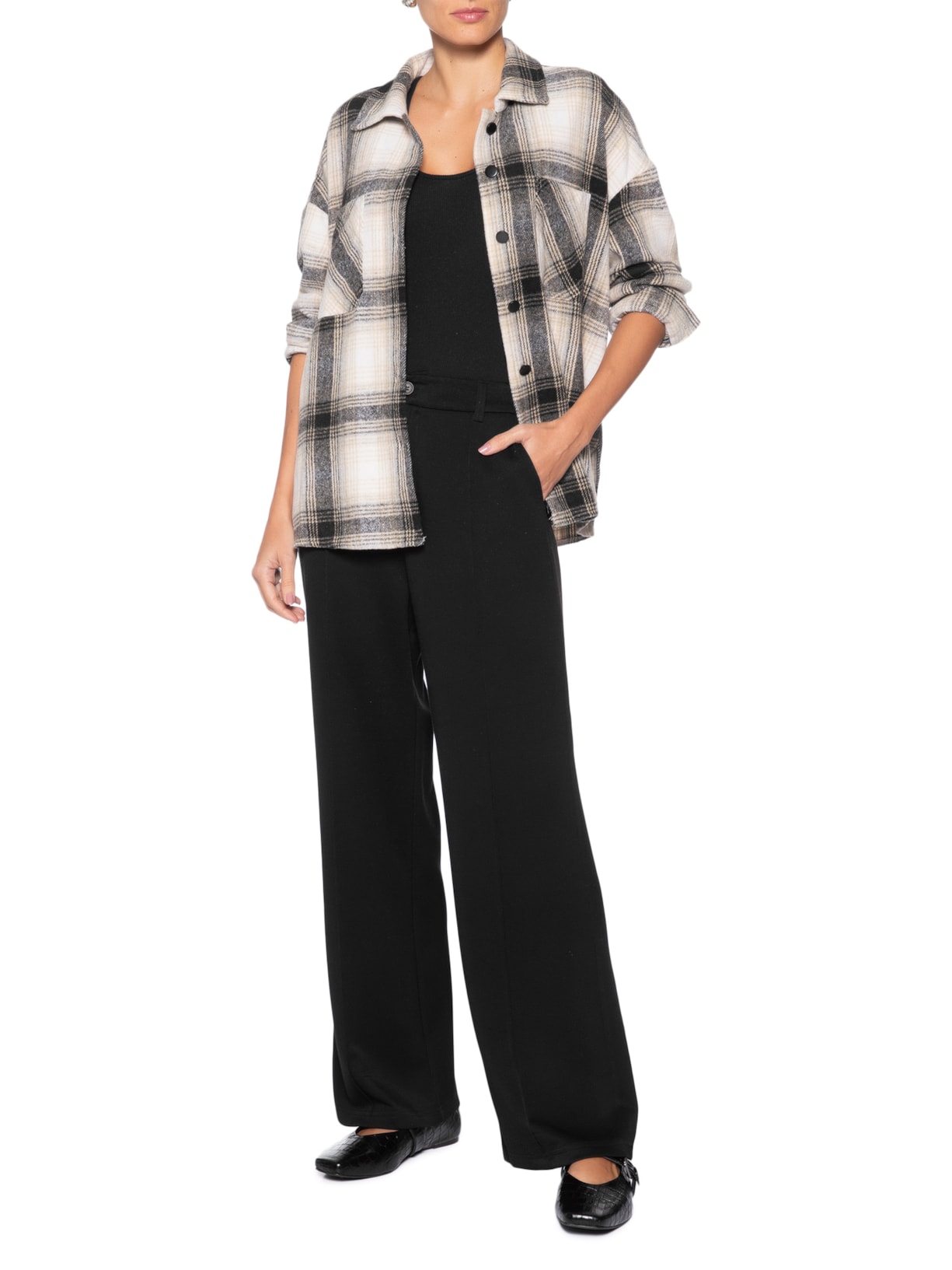 Camisa Feminina Flanela Xadrez Cinza Basiq