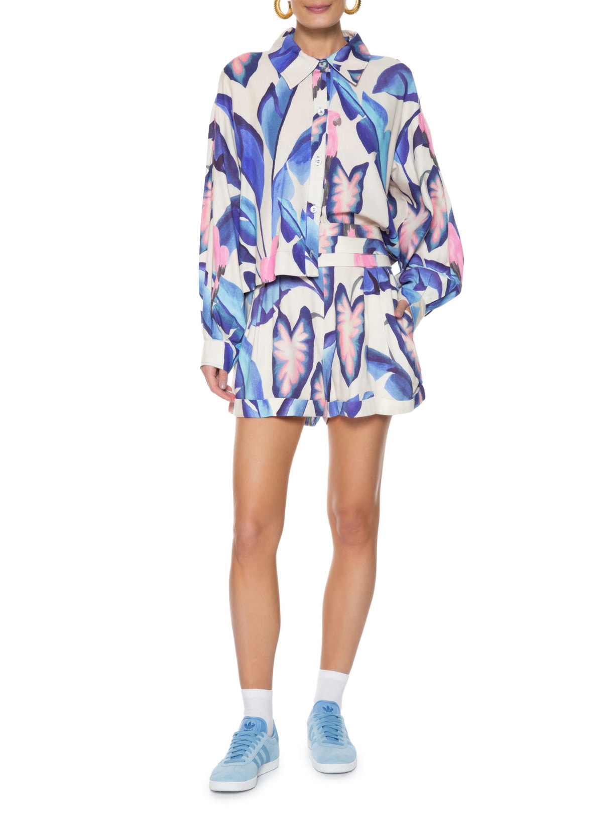 Camisa Feminina Folhagem De Verão Azul Farm