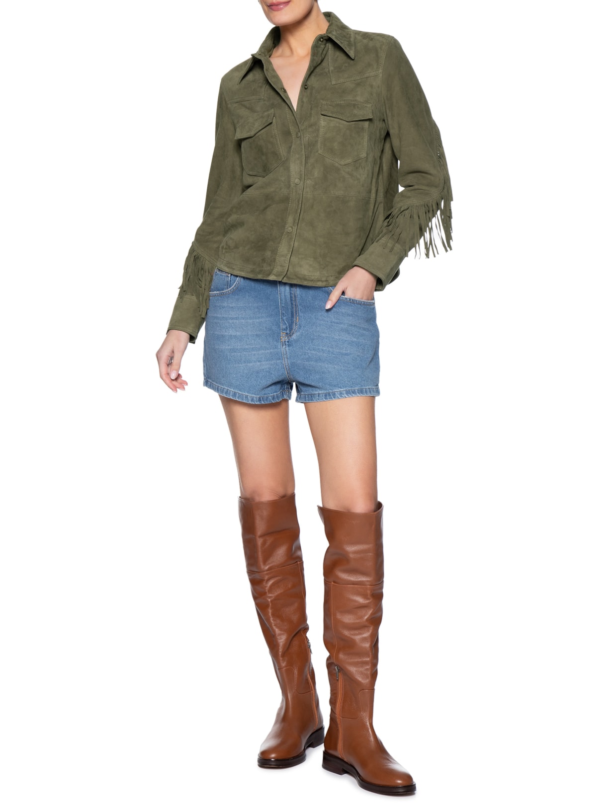 Camisa Feminina Franjas Chamois Verde Maria Filó