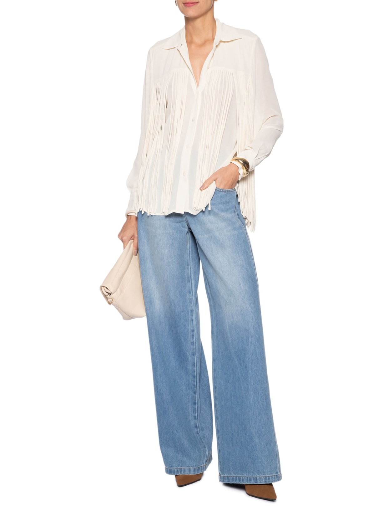Camisa Feminina Georgette Com Franjas Off White Animale