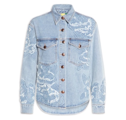 Camisa Feminina Jaqueta Jeans Bordado Flor - Azul