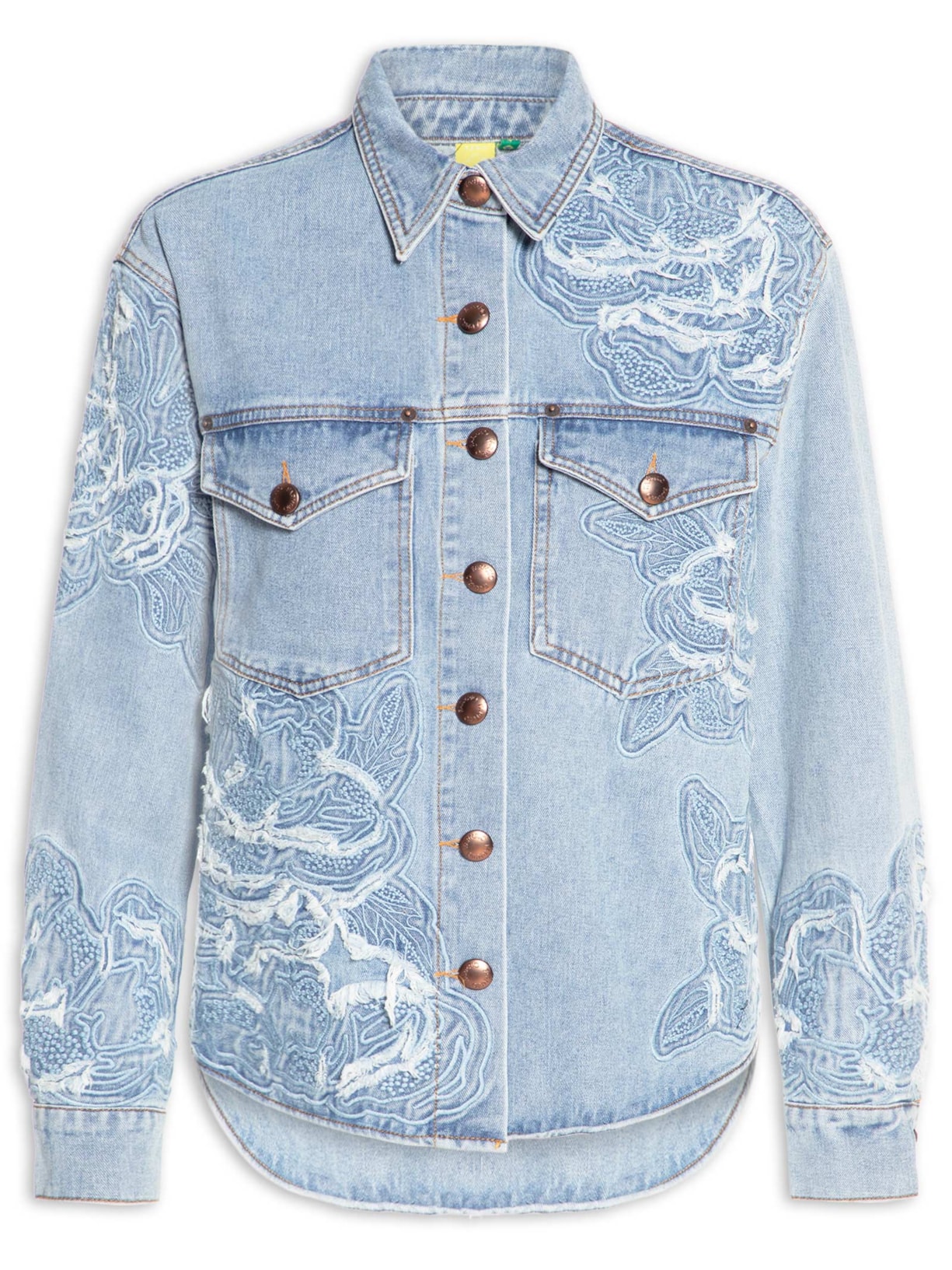 Camisa Feminina Jaqueta Jeans Bordado Flor - Azul