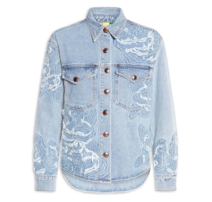 Camisa Feminina Jaqueta Jeans Bordado Flor - Azul
