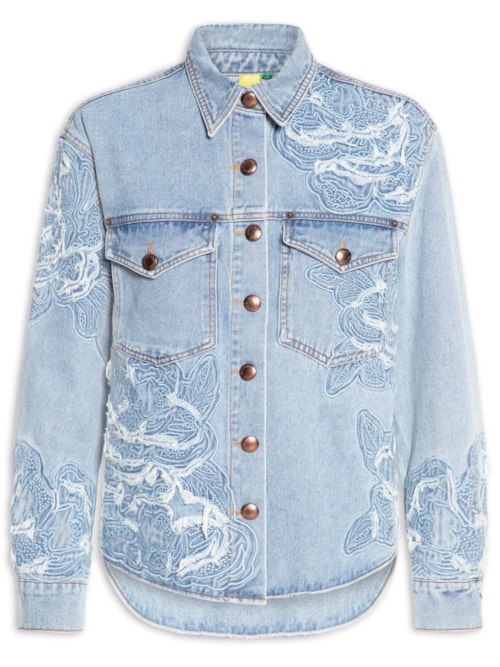 Camisa Feminina Jaqueta Jeans Bordado Flor - Azul