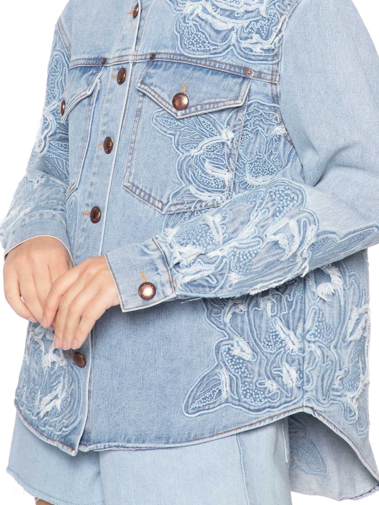 Camisa Feminina Jaqueta Jeans Bordado Flor Azul Farm