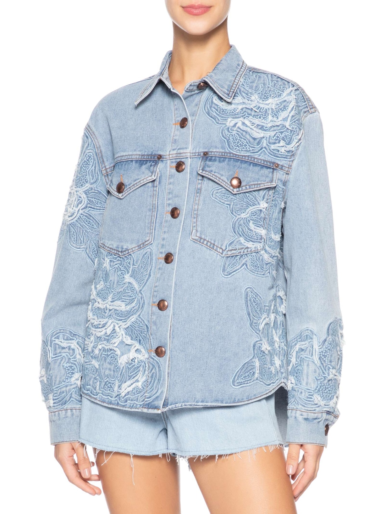 Camisa Feminina Jaqueta Jeans Bordado Flor Azul Farm