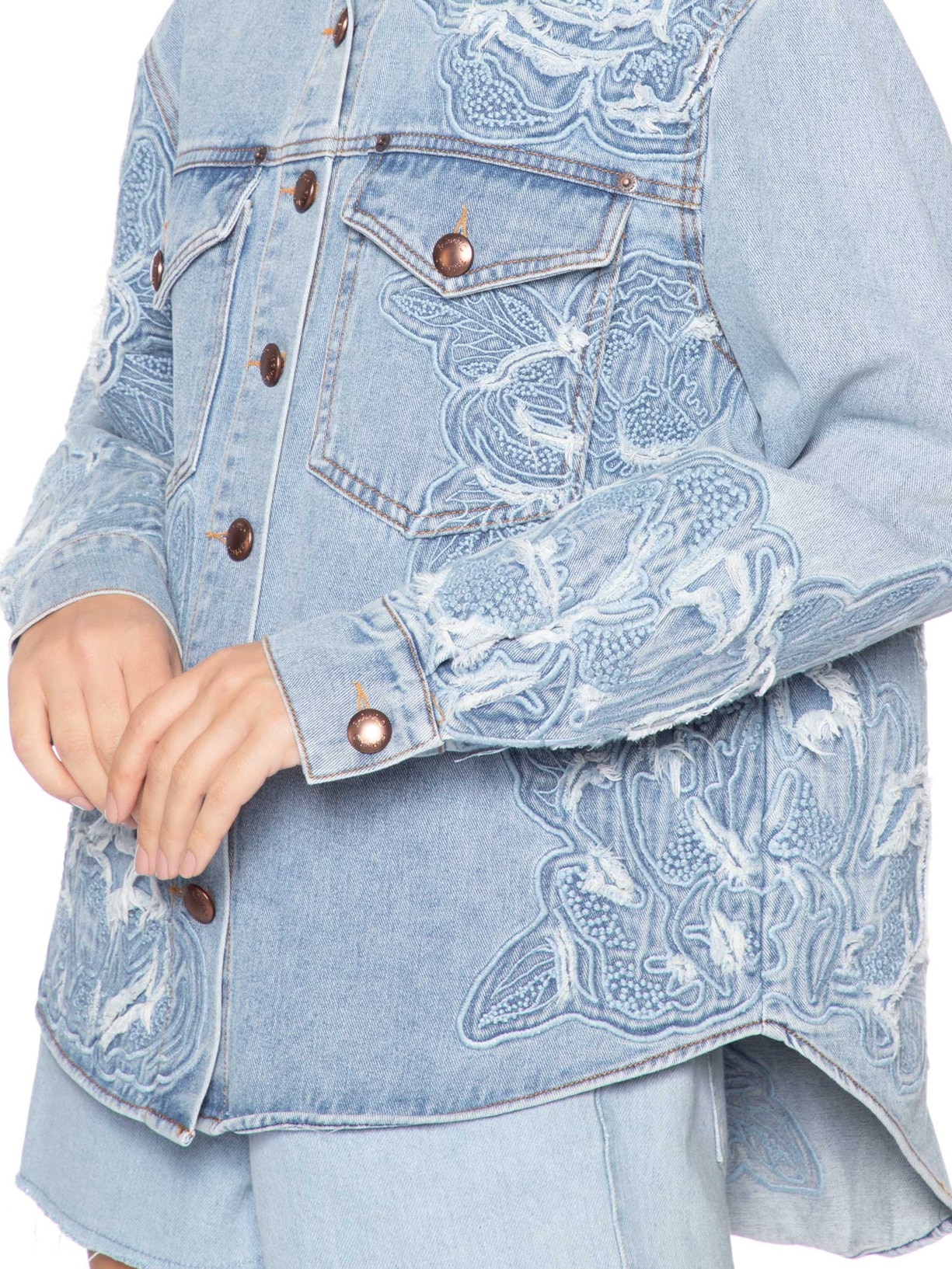 Camisa Feminina Jaqueta Jeans Bordado Flor Azul Farm