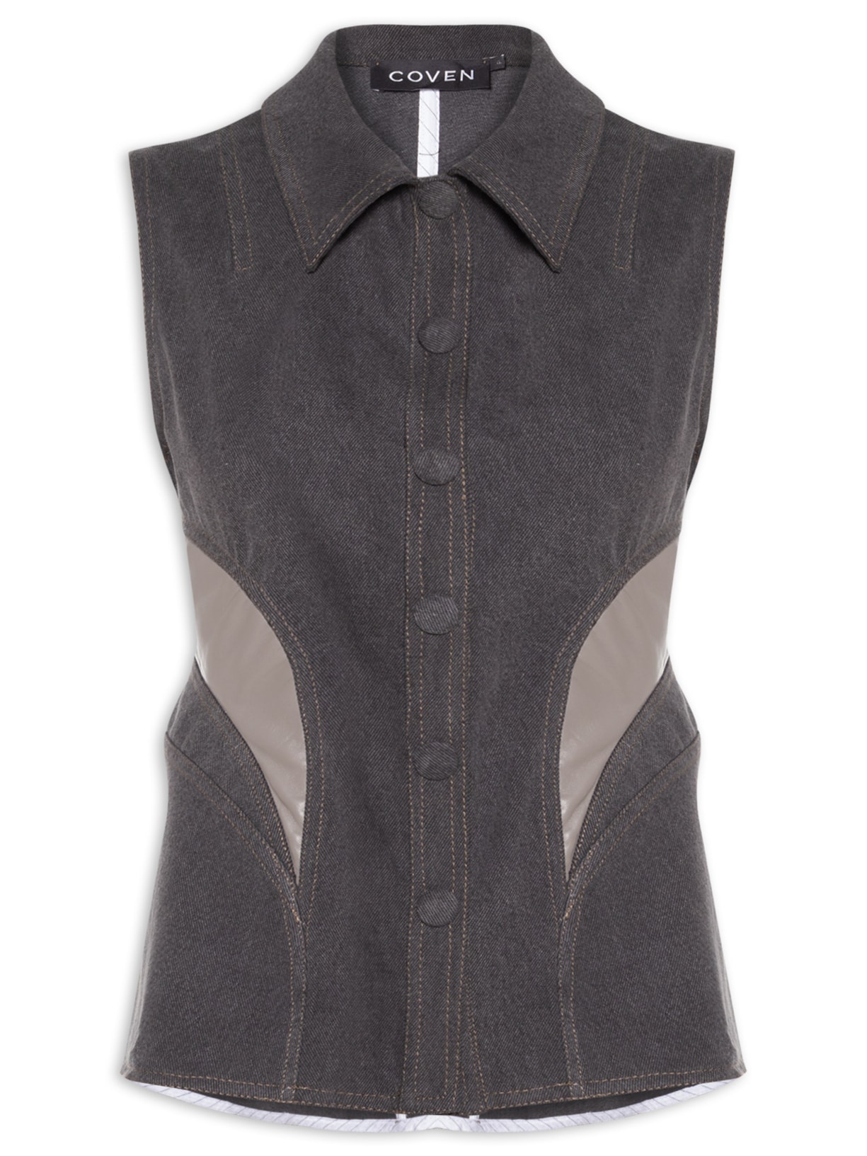 Camisa Feminina Jeans Com Couro - Cinza
